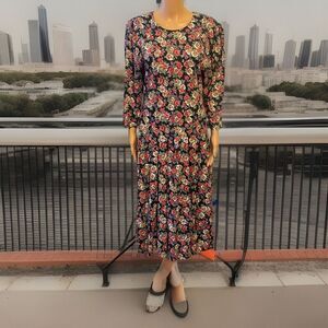 Vintage 80s Paquette Too! Red Black floral drop waist midi dress 14 Cottagecore